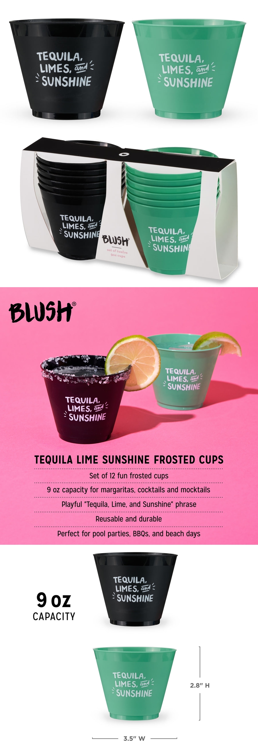 'Tequila, Limes & Sunshine' Design Shatterproof Frosted Cups by Blush (Set of 12)