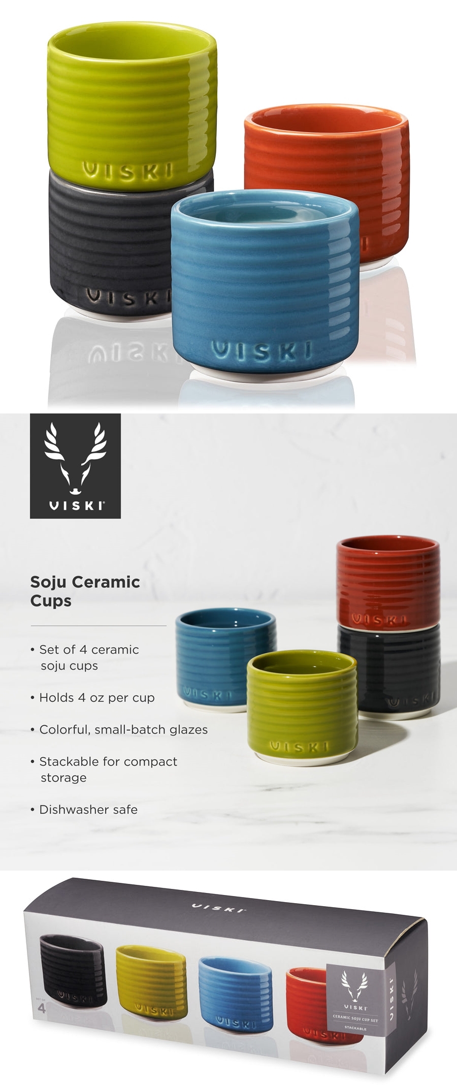 Colorful Stackable 4oz Ceramic Soju Cups by VISKI (Set of 4)