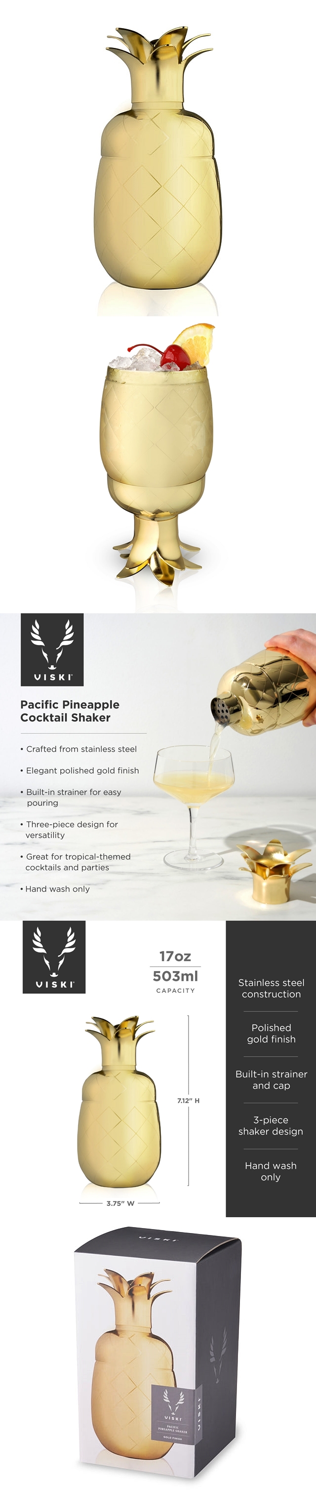 Polished Gold-Finish Stainless-Steel Pacific Pineapple Cocktail Shaker by VISKI