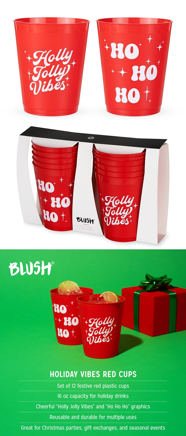 Festive Holiday Vibes 16oz Red Plastic Cups by Blush (Set of 12)