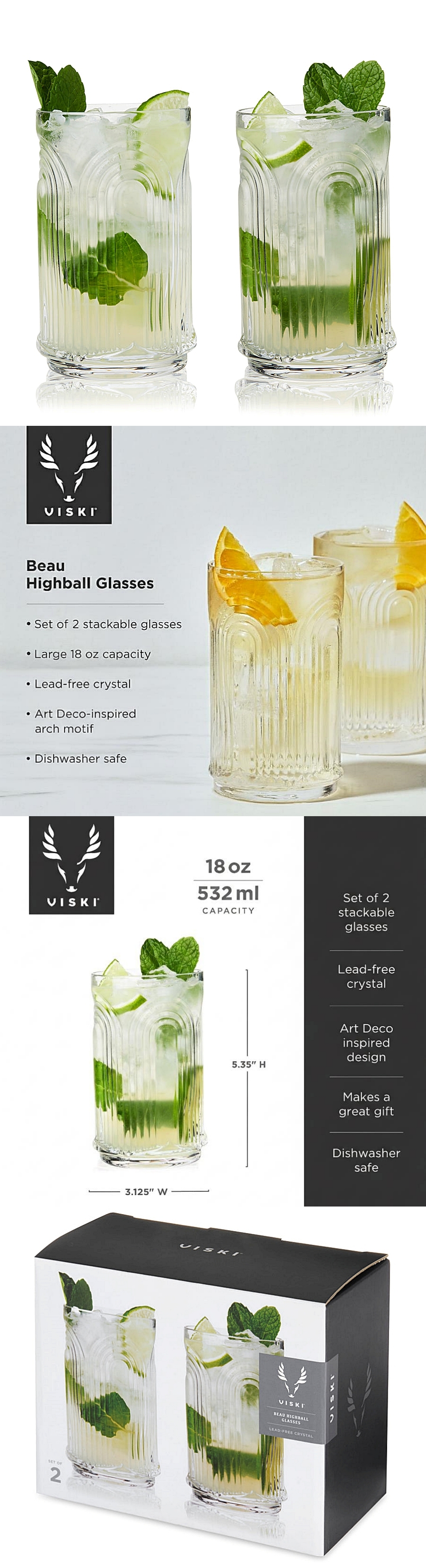 Art Deco-Inspired "Beau" 18oz Highball Glasses by VISKI (Set of 2)