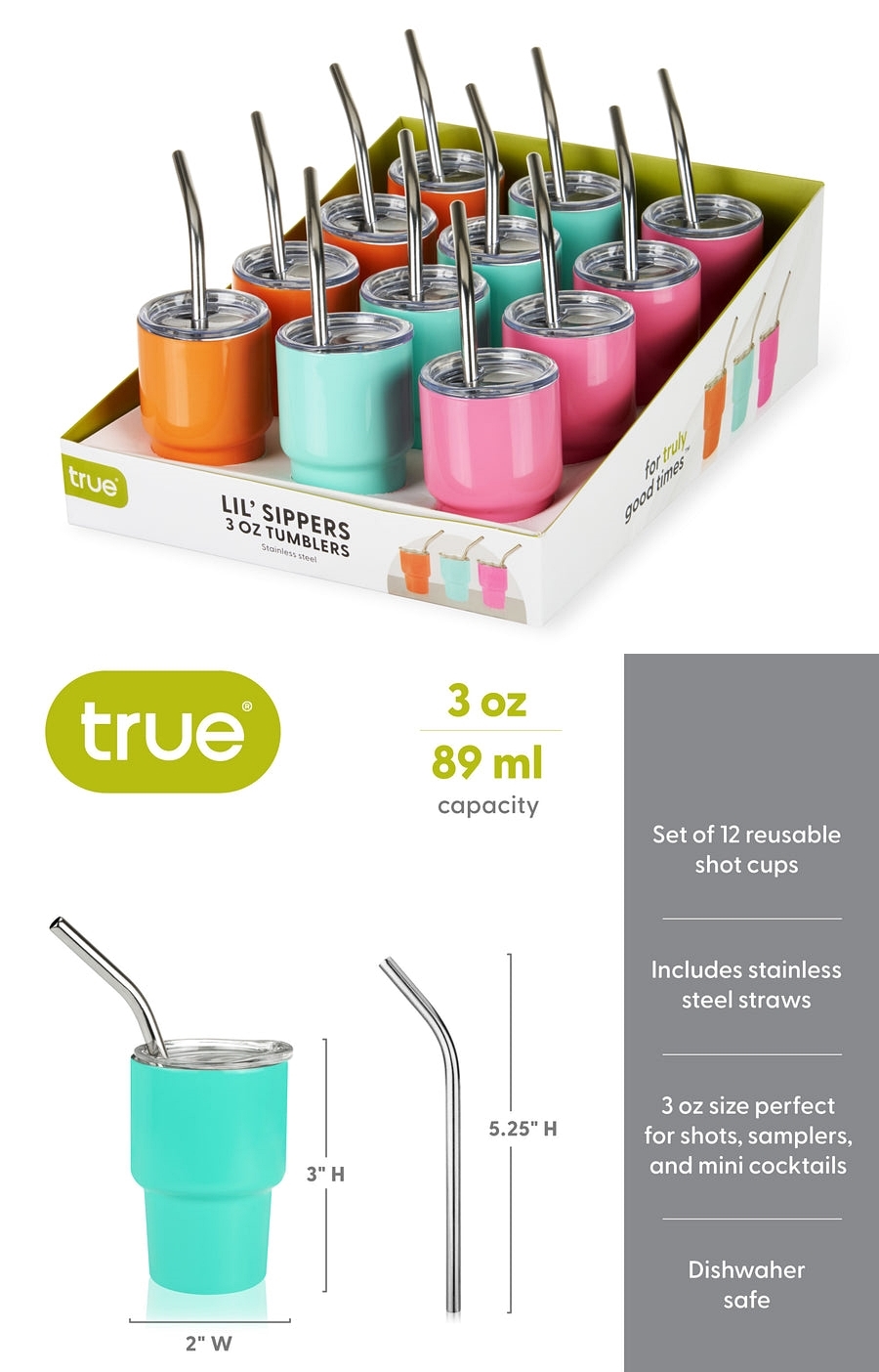 'Lil Sippers' Stainless-Steel Shot Cups by True (3 Pastel Colors; Set of 12)