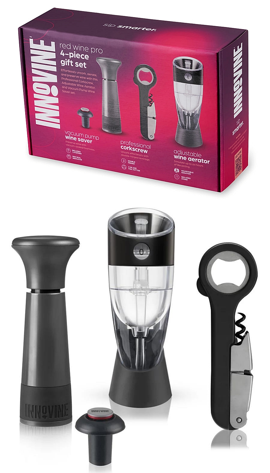 Red Wine Pro 4-Piece Gift Set by Innovine (includes Corkscrew, Aerator and Pump)