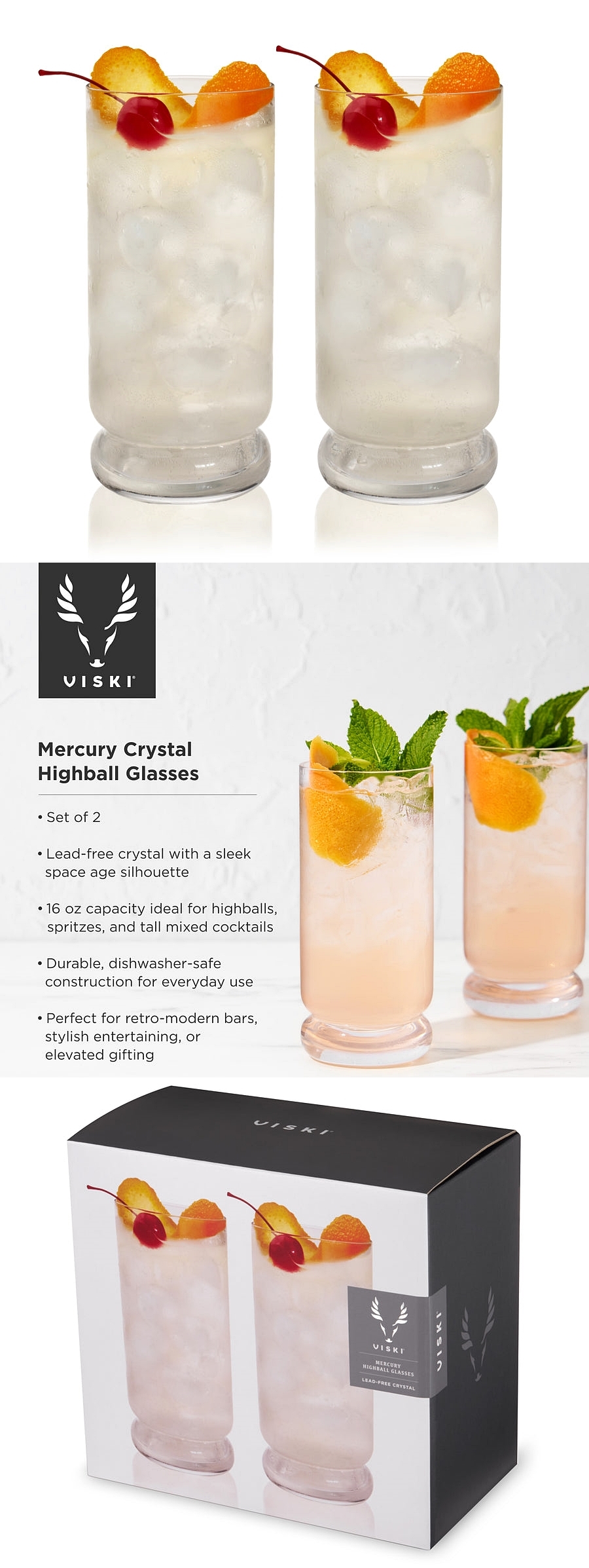 Space-Age Styled "Mercury" Crystal Highball Glasses by VISKI (Set of 2)