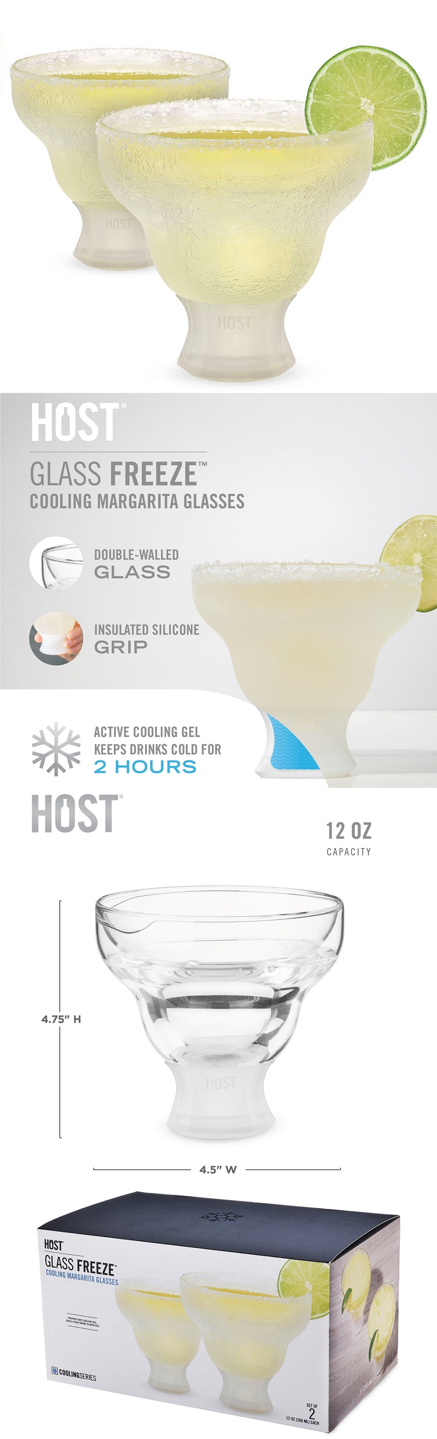 Glass FREEZE 12oz Margarita Cooling Cups by Host (Set of 2)