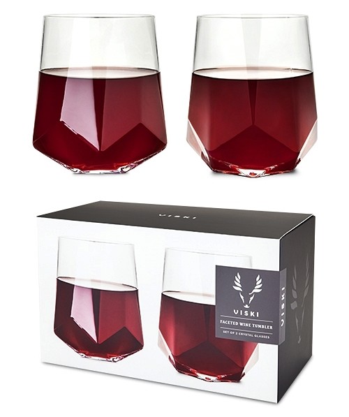 VISKI Raye Collection Faceted Crystal Stemless Wine Glasses (Set of 2)