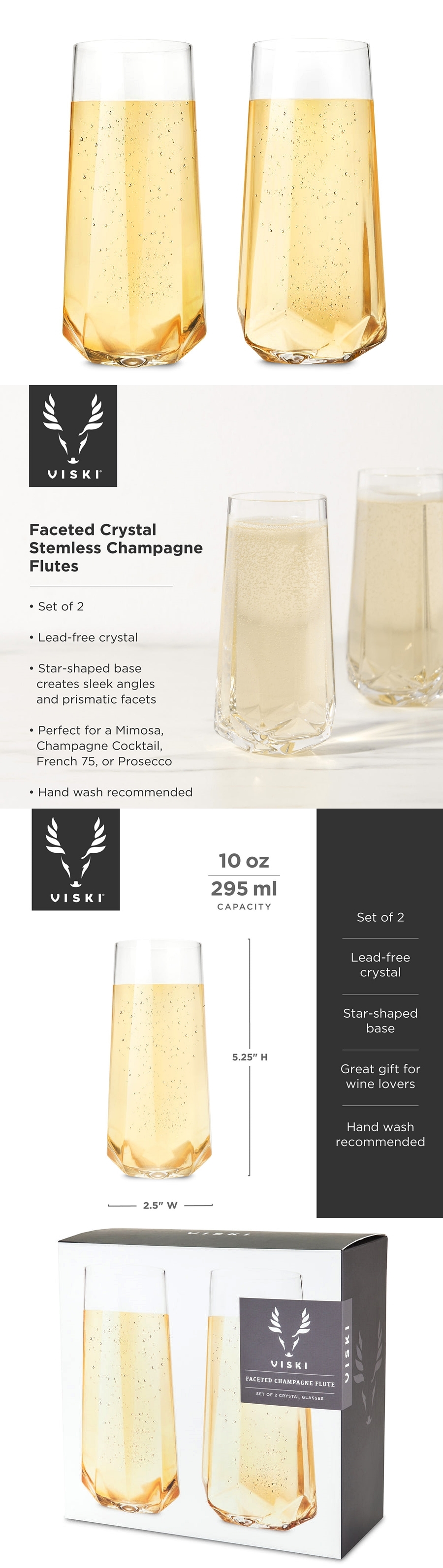 Seneca Lead-Free Crystal Faceted Stemless Champagne Flutes by VISKI (Set of 2)