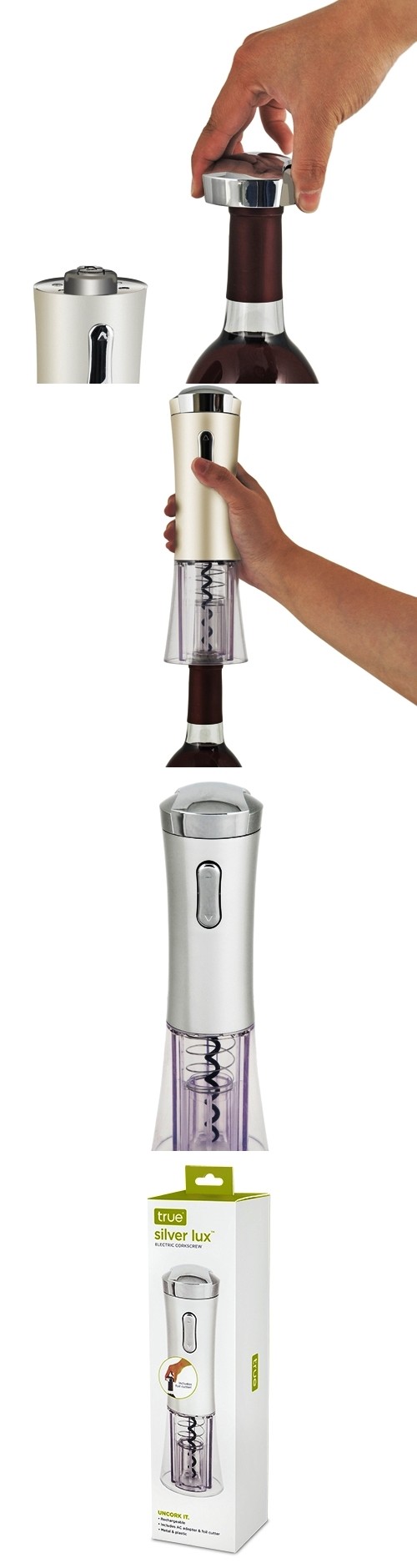 Silver Lux Rechargeable Electric Corkscrew with Foil Cutter by True