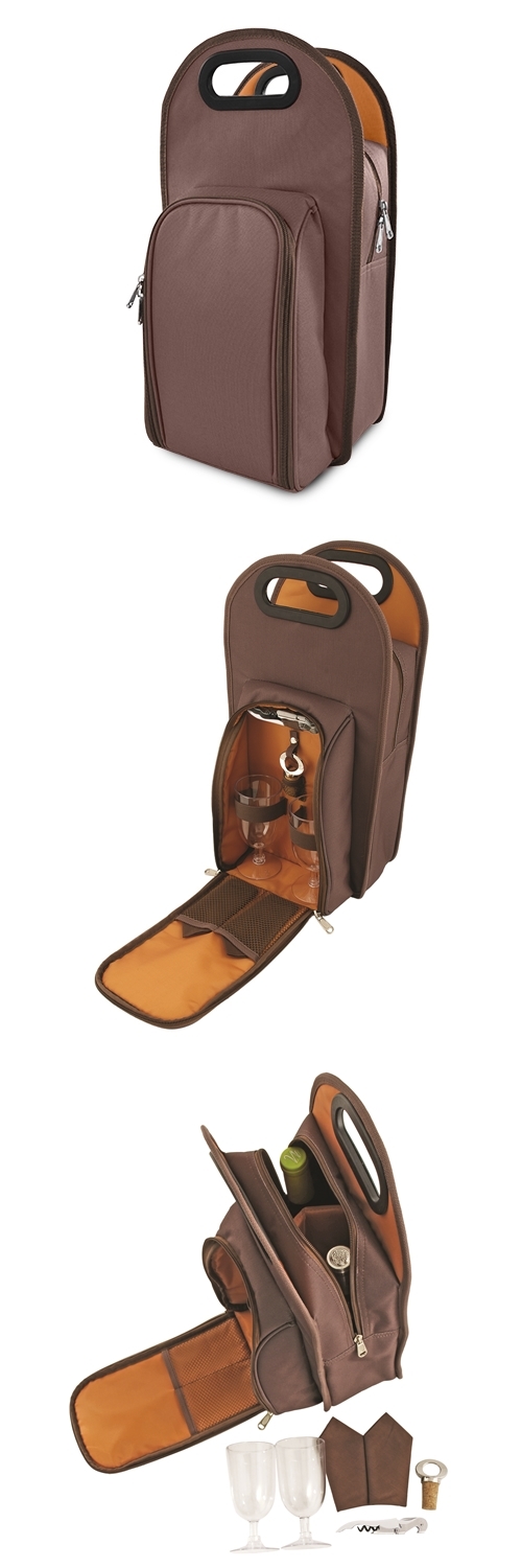 Metro Insulated 2-Bottle Wine Tote in Brown with Orange Lining by True