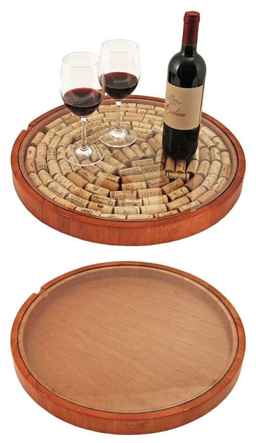 Glass-Topped Rubber-Wood Lazy Susan with Cork Display by True