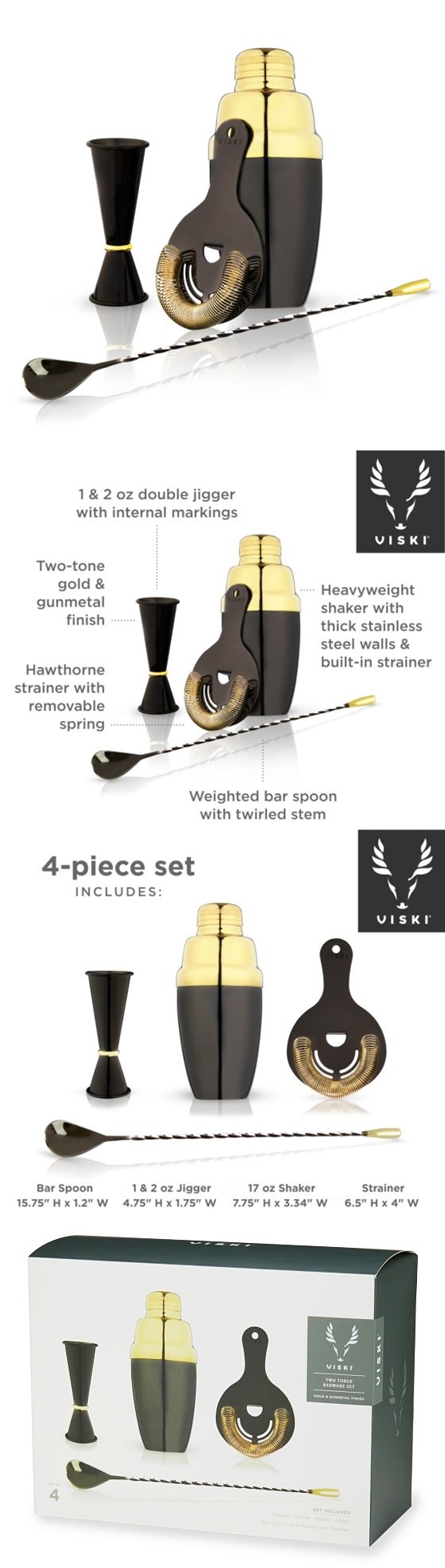 Commercial-Grade Two-Toned 4-Piece Barware Set by VISKI