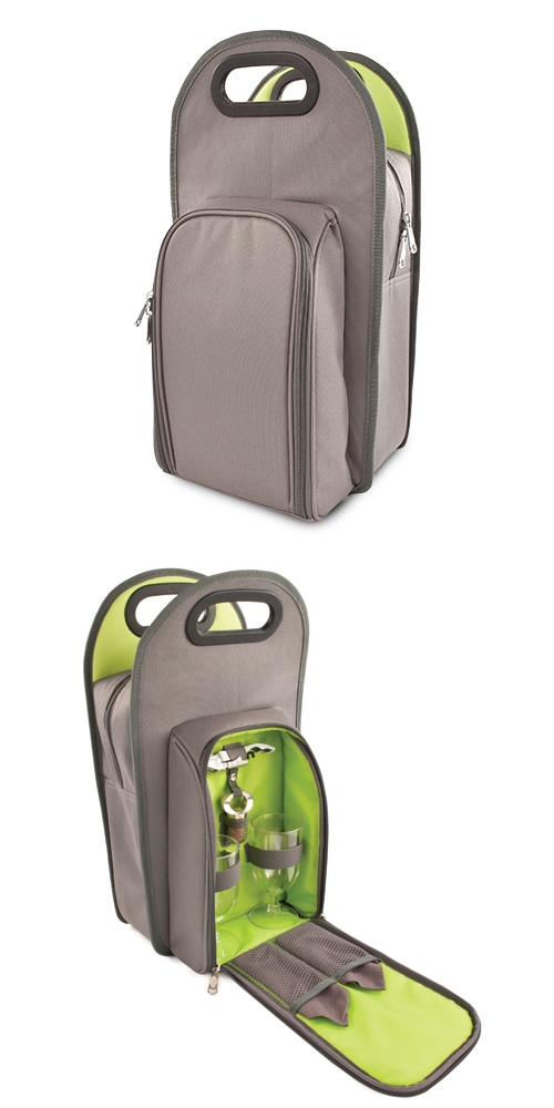 Metro Insulated 2-Bottle Wine Tote in Grey with Green Lining by True
