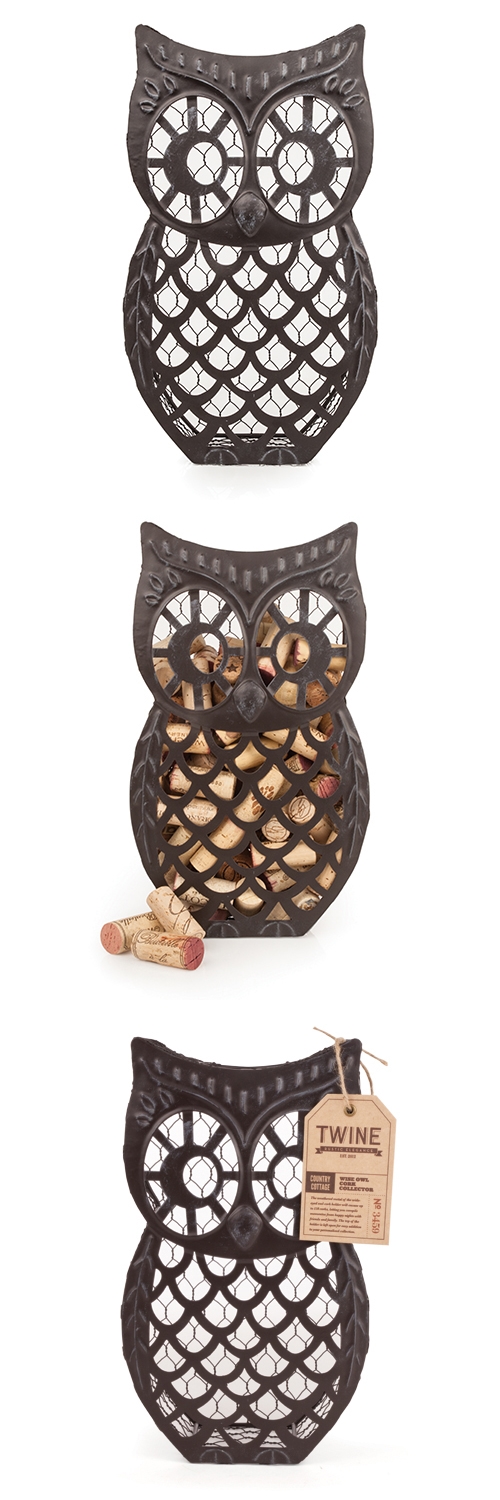 Country Cottage: Weathered-Metal Wise Owl Cork Collector