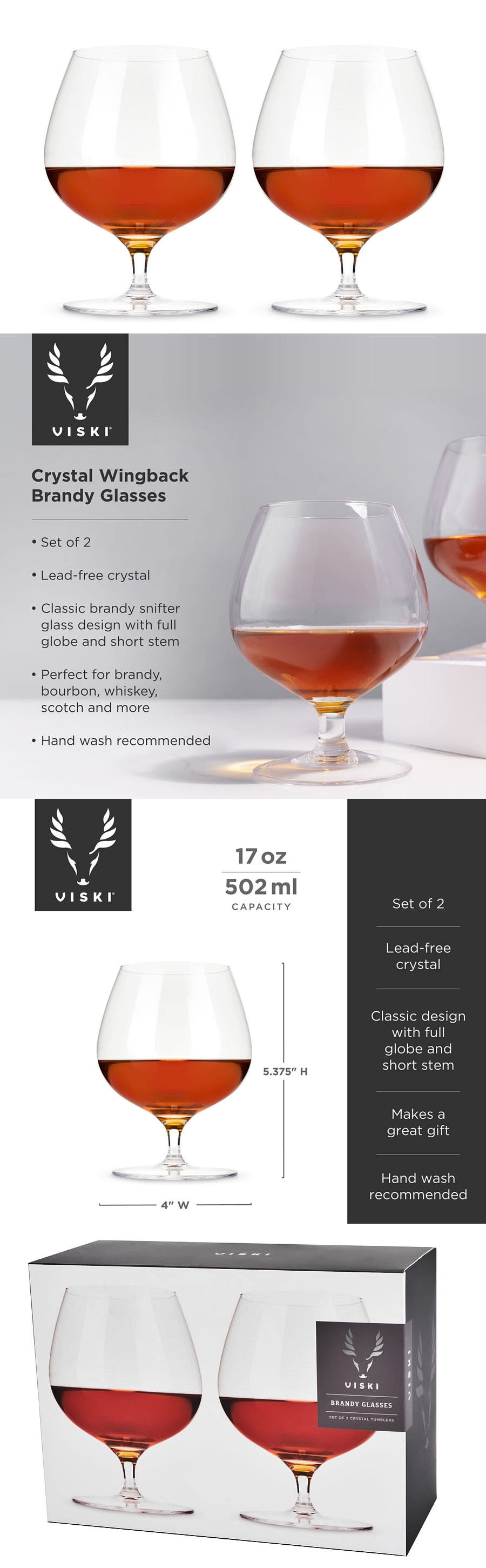 Raye Lead-Free Crystal 17oz Wingback Brandy Glasses by VISKI (Set of 4)