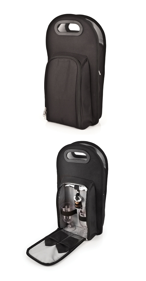 Metro Insulated 2-Bottle Wine Tote in Onyx Black with Grey Lining