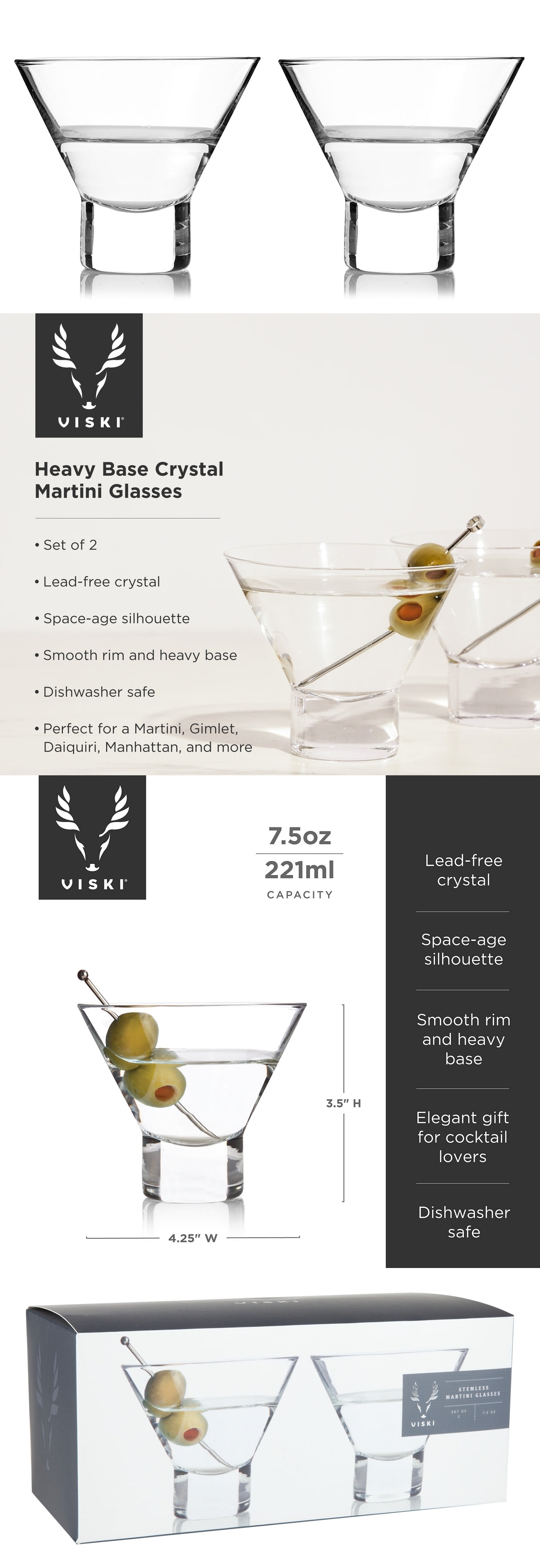 Raye Crystal Modern-Design Heavy-Base Stemless Martini Glasses by VISKI (Set of 2)