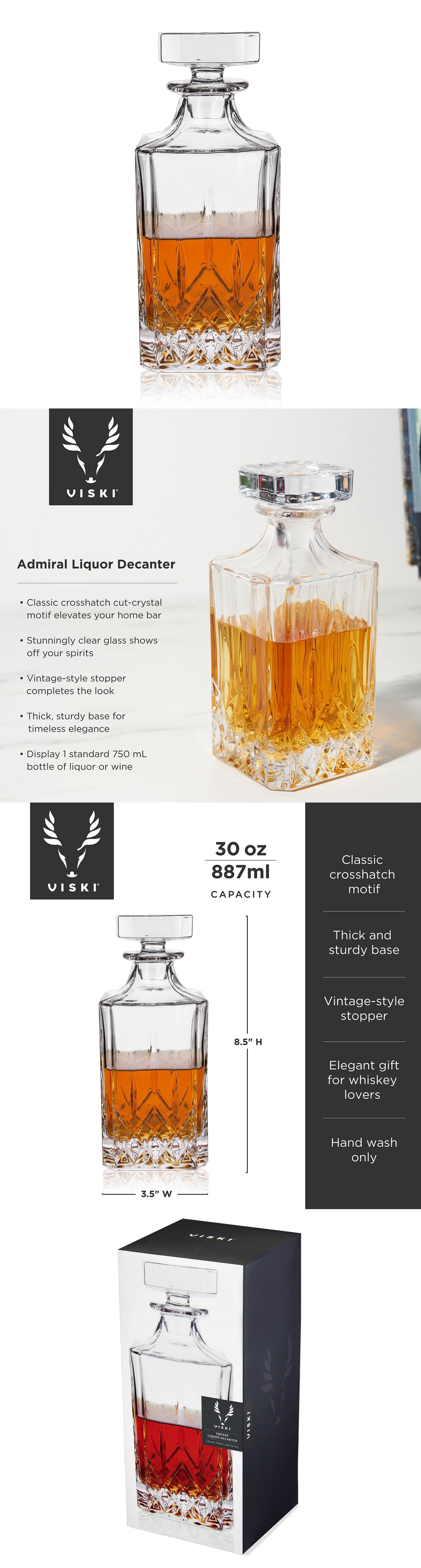 Admiral Lead-Free Crystal 30oz Cross-Hatched Square Liquor Decanter by VISKI