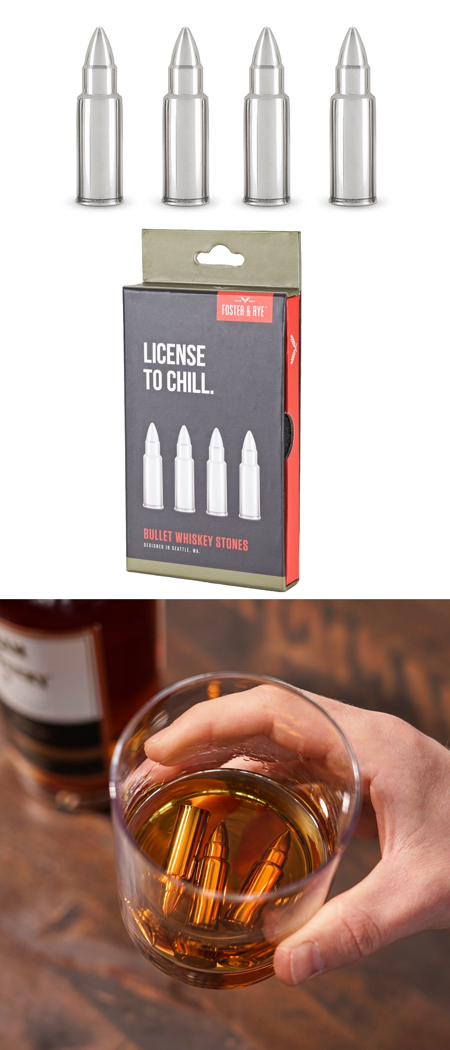 License to Chill Stainless-Steel Bullet Glacier Rocks by Foster & Rye (Set of 4)