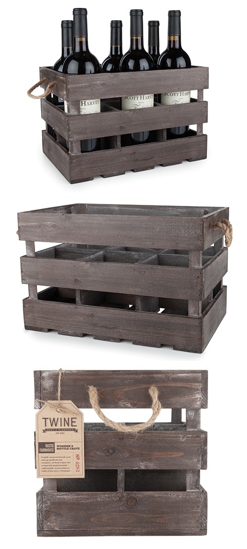 Rustic Farmhouse Fir-Wood 6-Bottle Carrier with Rope Handles by Twine