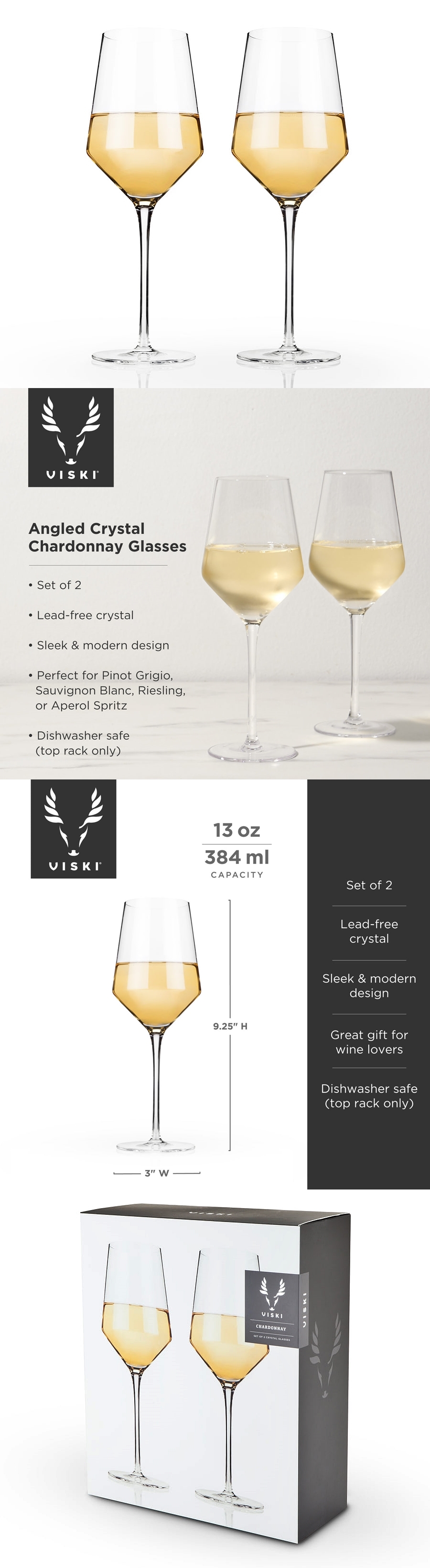 Raye Lead-Free Crystal Angled Chardonnay Glasses by VISKI (Set of 2)