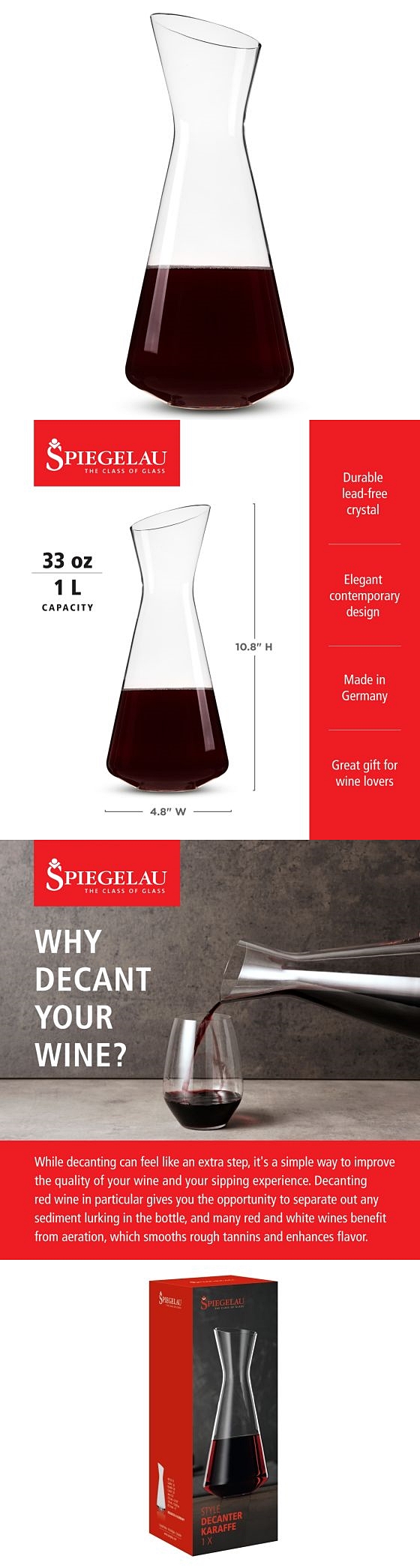 Spiegelau Style Contemporary Design 1L Lead-Free Crystal Wine Decanter