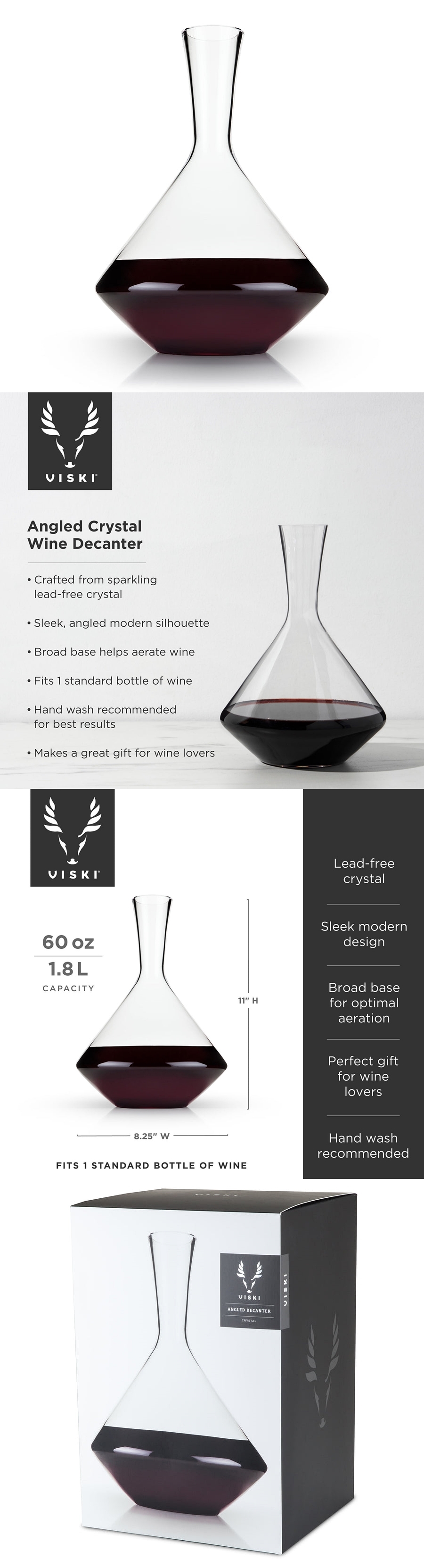 Raye Lead-Free Crystal 60oz Modern Angled Wine Decanter by VISKI