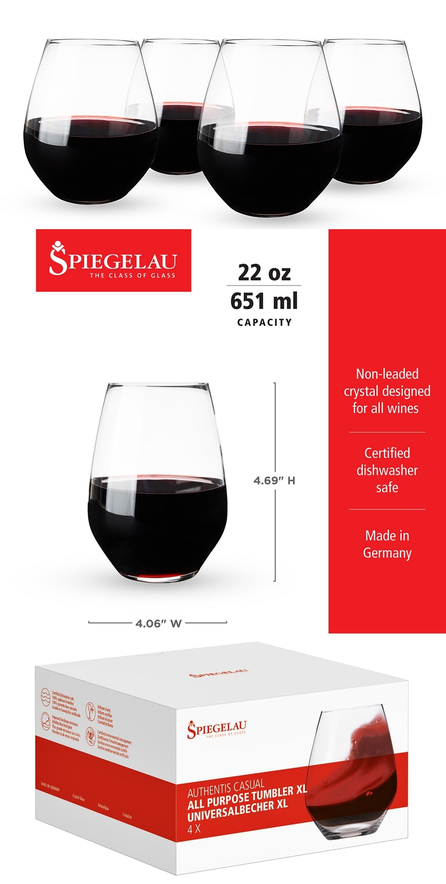 Spiegelau "Authentis" 22oz All Purpose Tumblers XL (Set of 4)