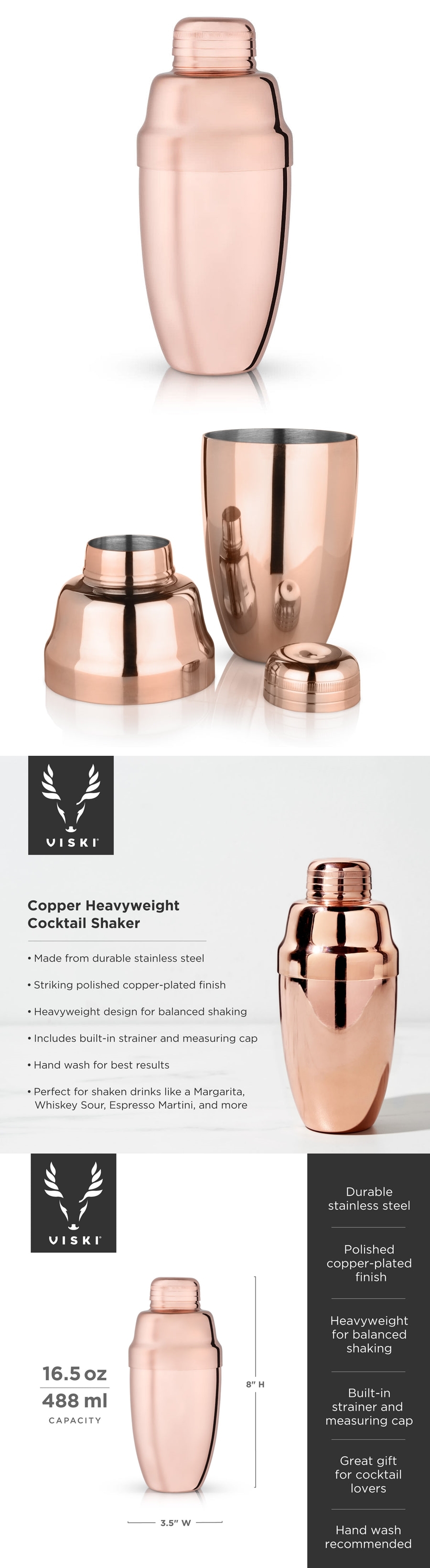 Summit Heavyweight Copper-Plated Finish Cocktail Shaker with Strainer by VISKI