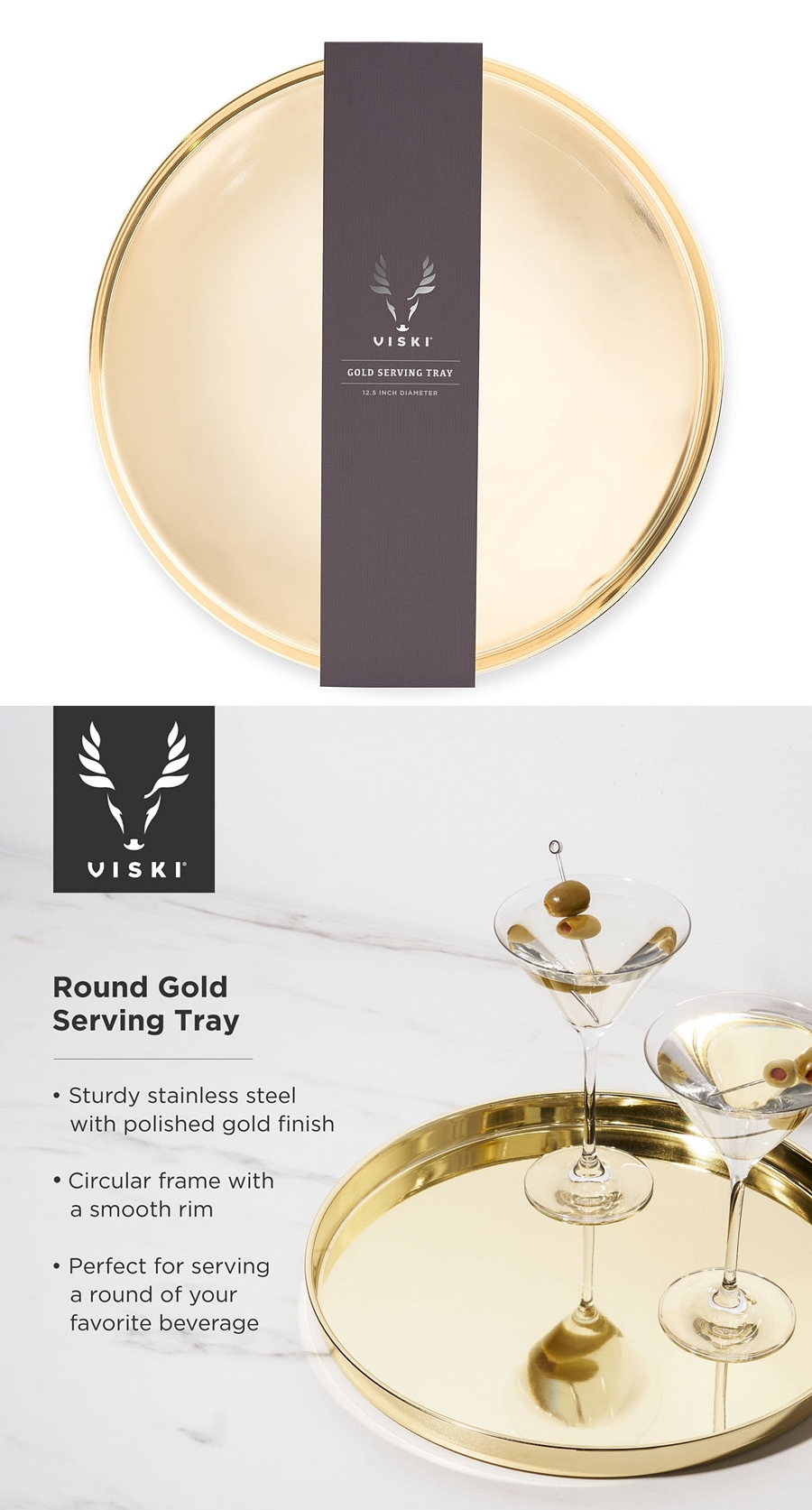 Stainless-Steel Gold-Finish "Belmont" Round Serving Tray by VISKI