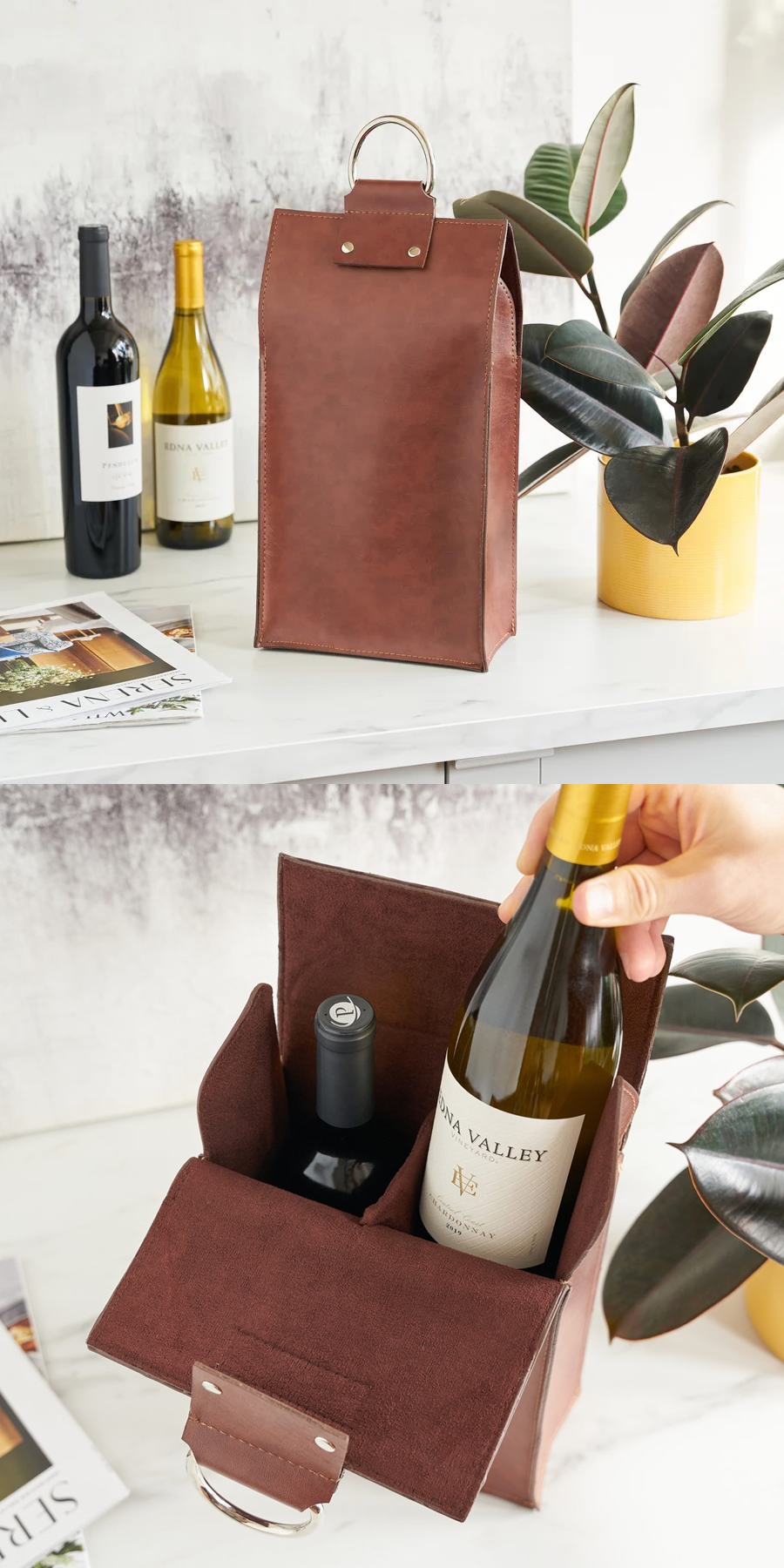 Brown Faux-Leather Double-Bottle Wine Tote by VISKI