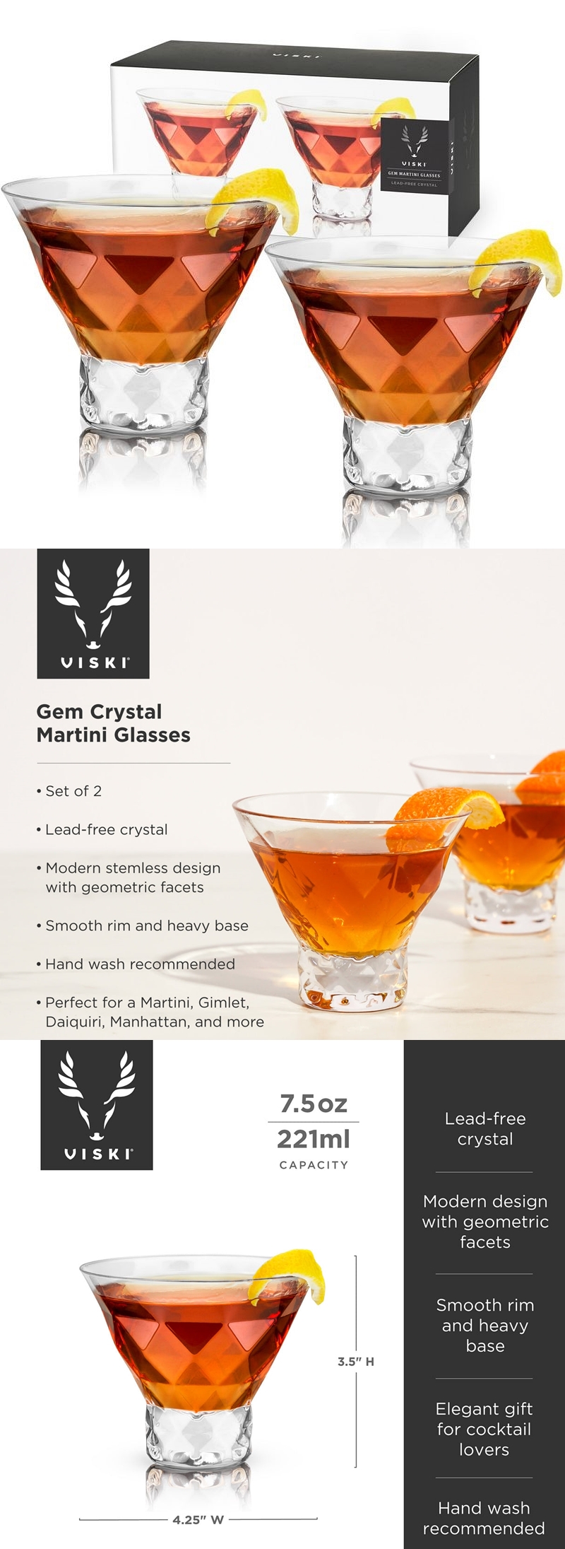 Raye Gem Lead-Free Crystal Faceted Martini Glasses by VISKI (Set of 2)