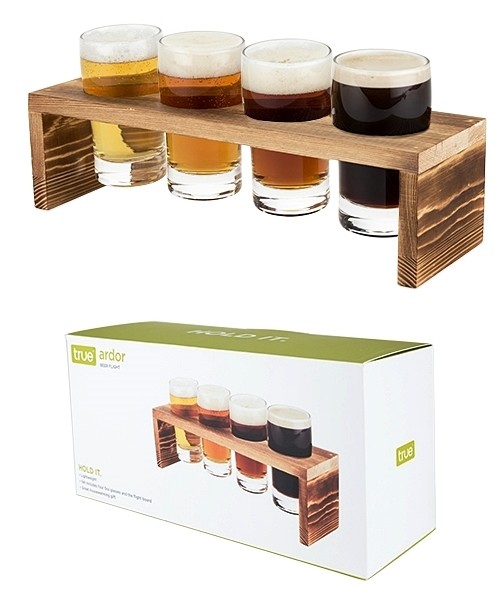 "Ardor" Wooden Beer Flight Board & 4 Tasting Glasses by True