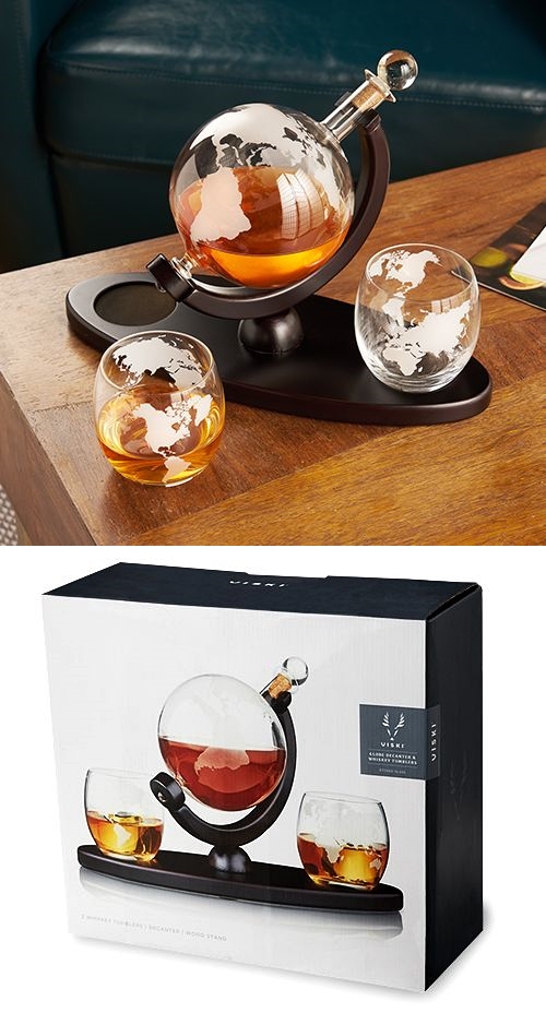 Globe Decanter & Whiskey Tumblers with Etched World Maps by VISKI