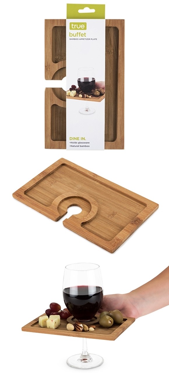 Buffet Bamboo-Wood Wine Glass-Holding Appetizer Plate by True