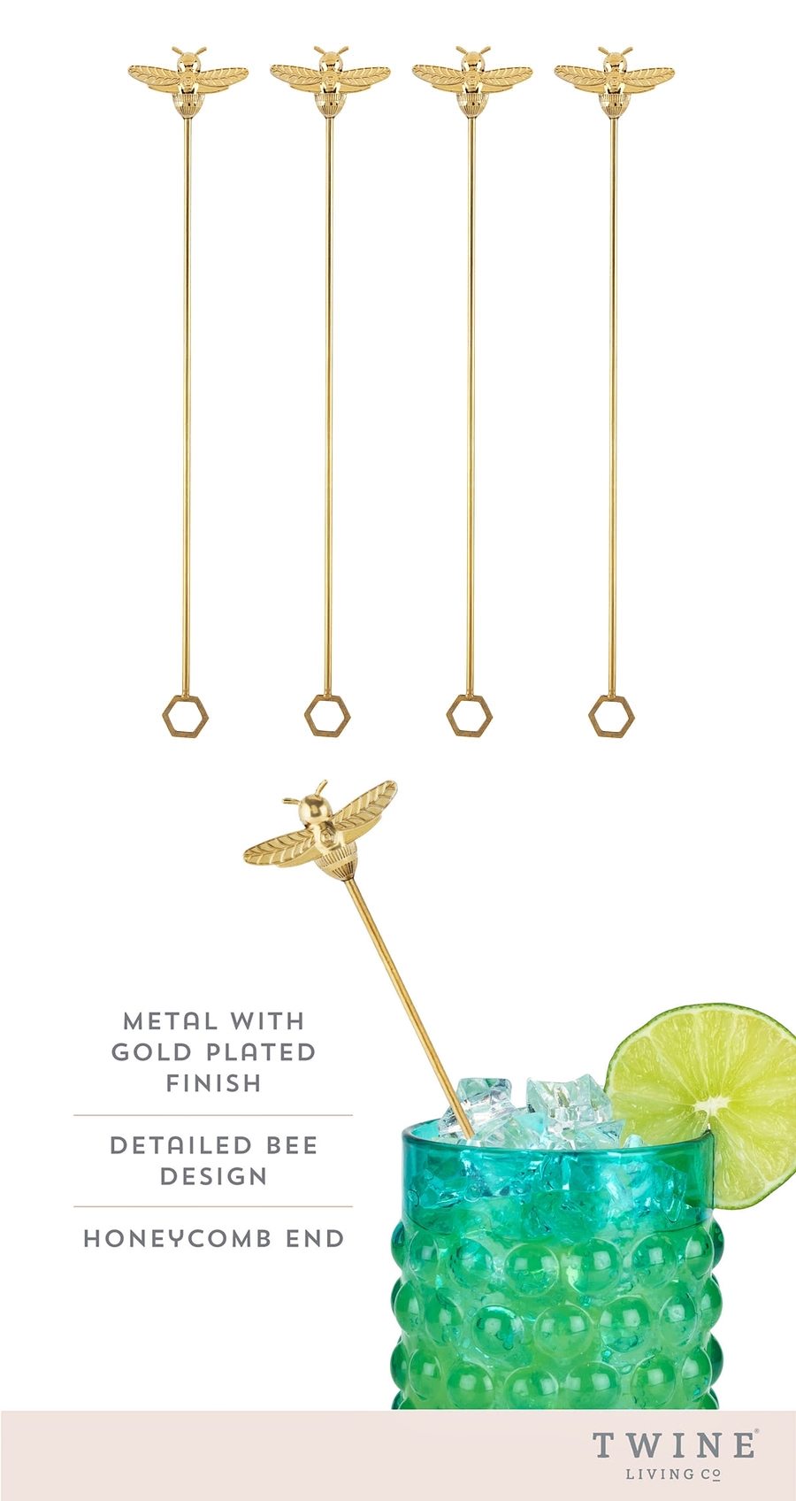 Gold-Plated-Finish Bumble Bee Stir Sticks by Twine Living (Set of 4)