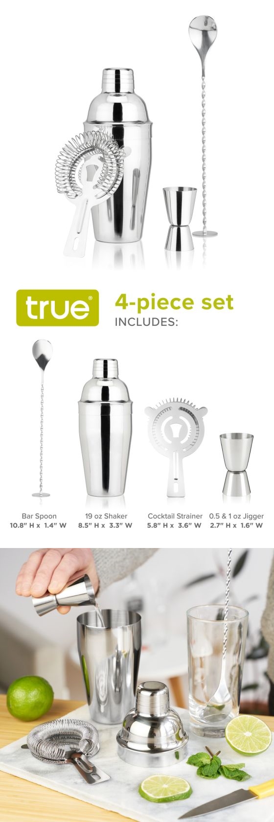"Fortify" Polished Stainless-Steel 4-pc Barware Set by True