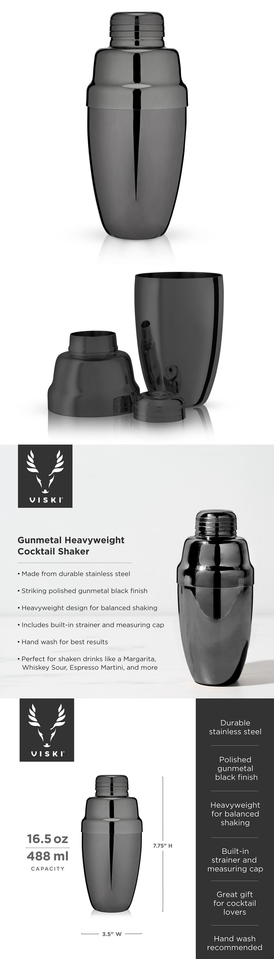 Warren Heavyweight Gunmetal-Finish Cocktail Shaker with Strainer by VISKI