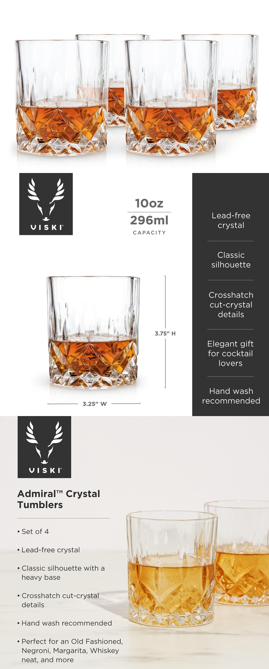 Admiral Crystal Tumblers with Crosshatch Cut-Crystal Details by VISKI (Set of 4)