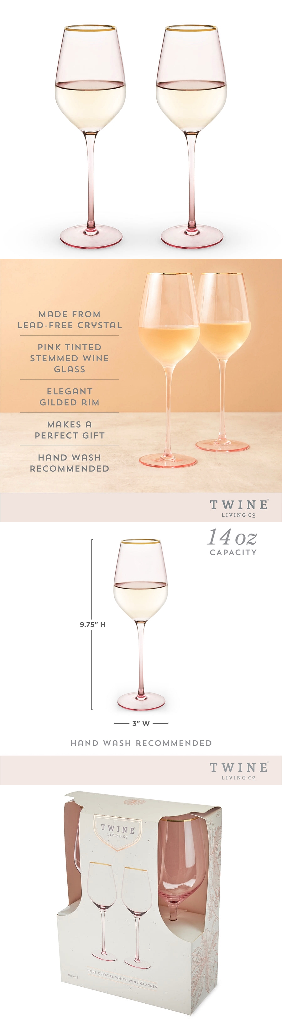 Gold-Rimmed Rose-Tinted Crystal 14oz White Wine Glasess by Twine (Set of 2)