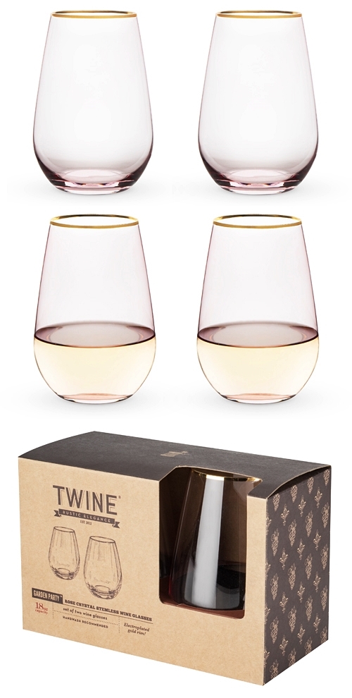 Twine Rose Crystal Stemless Wine Glass Set