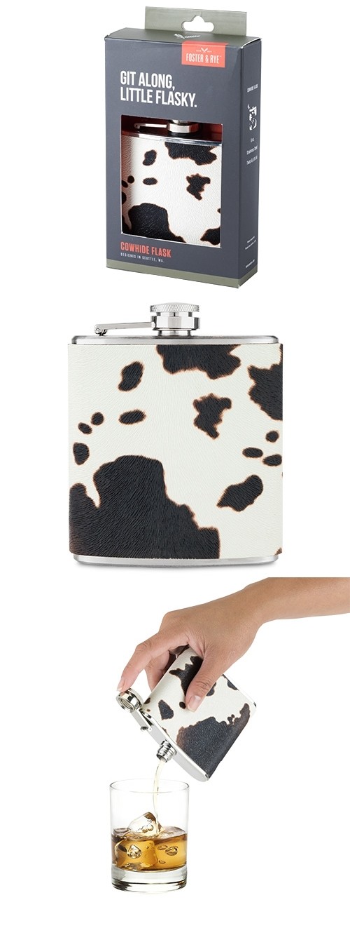 "Lasso Your Liquor" Cowhide Print Flask by Foster & Rye
