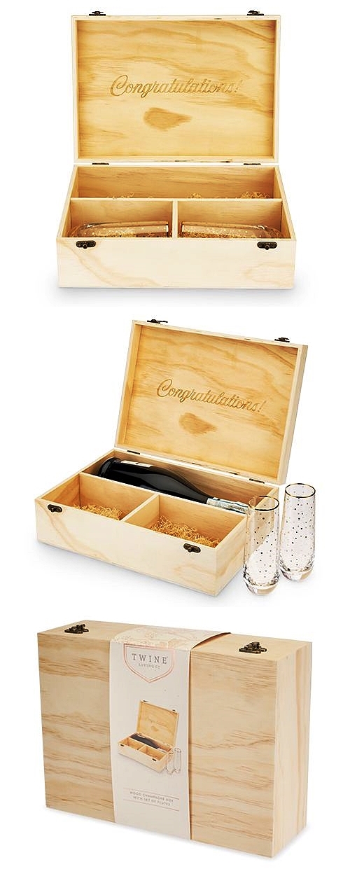 Congratulations! Wood Champagne Gift-Box with Stemless Flutes by Twine