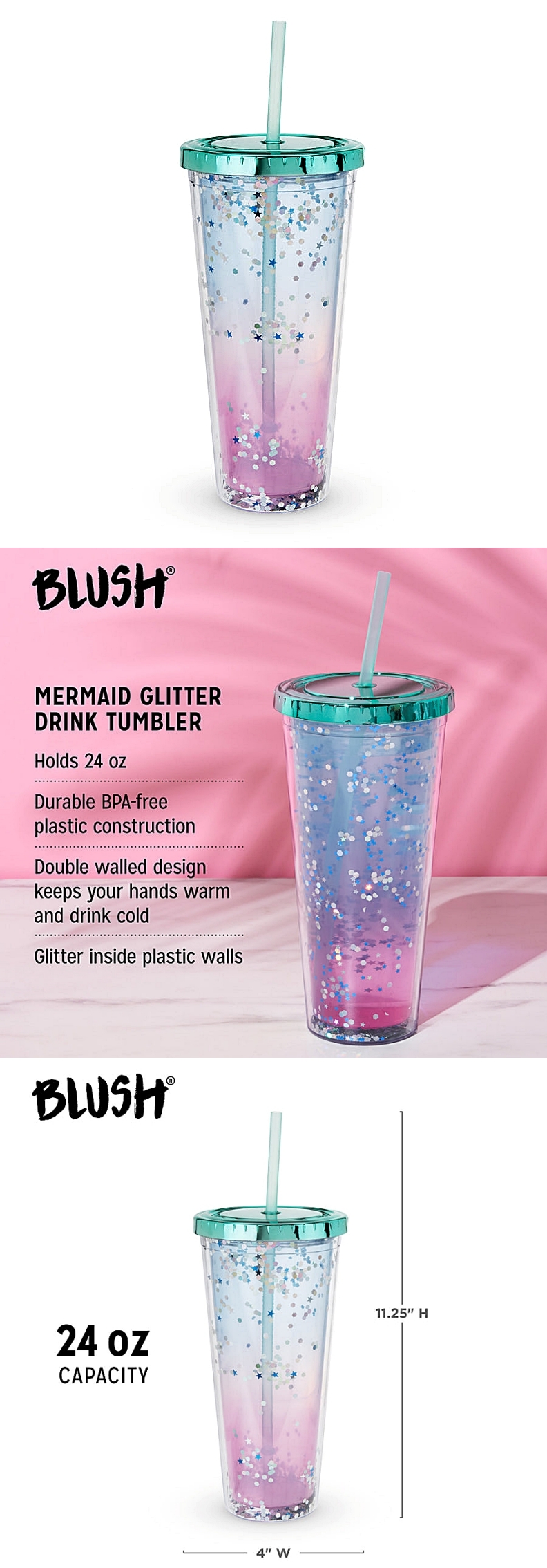 Glam Double-Walled 24oz BPA-Free Plastic Tumbler in Mermaid Glitter by Blush
