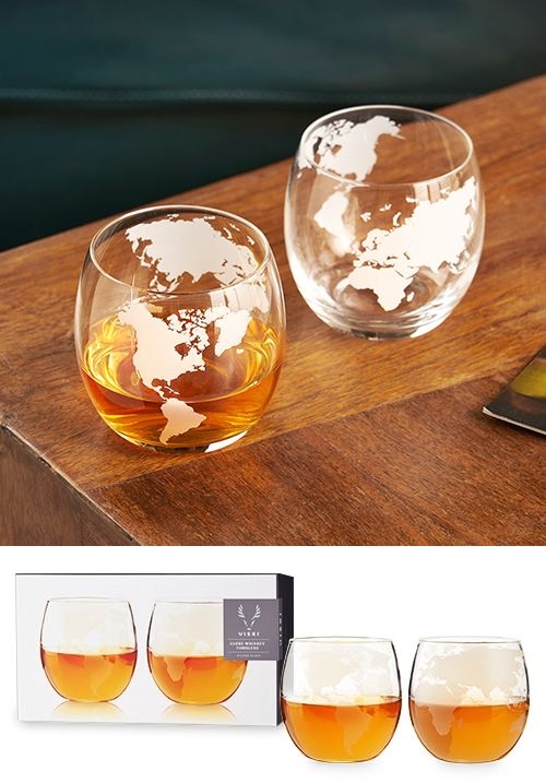 Globe Whiskey Tumblers with Etched World Maps by VISKI (Set of 2)