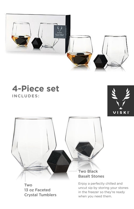 4-Piece Faceted Tumblers & Hexagonal Basalt Stones Set by VISKI