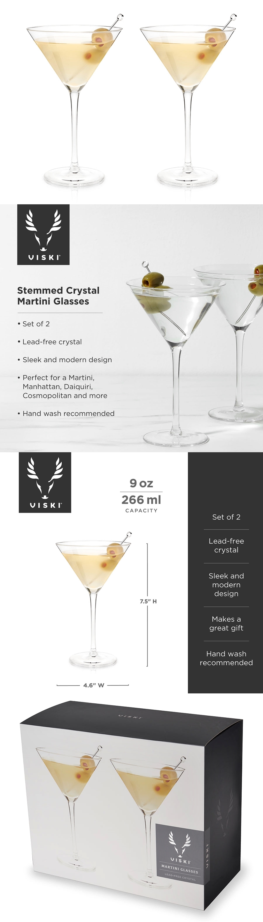 Raye Lead-Free Crystal 9oz Stemmed Martini Glassess by VISKI (Set of 2)
