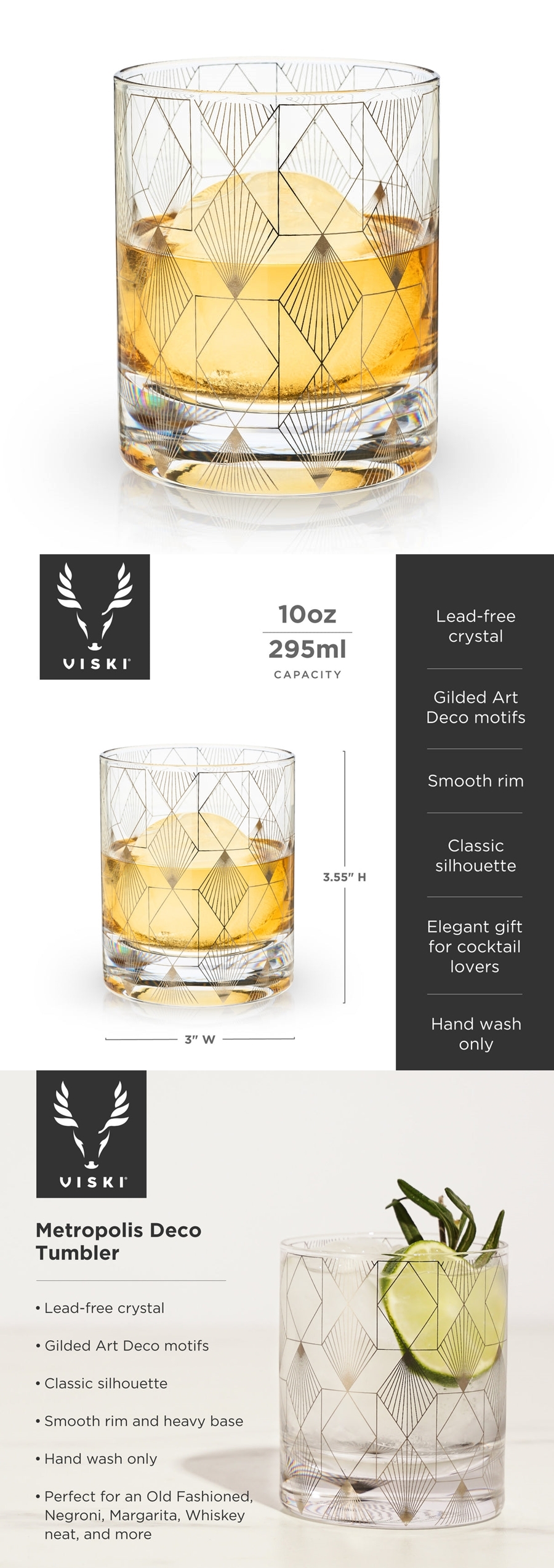 Metropolis Art Deco-Inspired 10oz Lead-Free Crystal Tumbler by VISKI