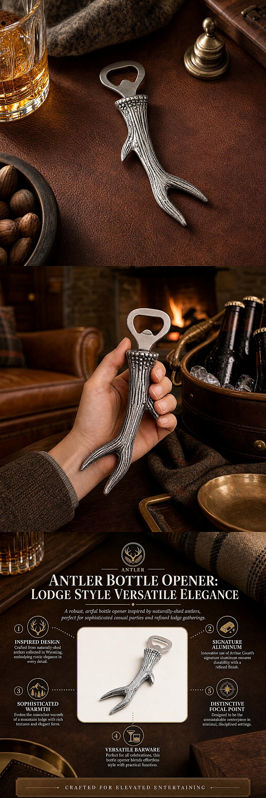 Arthur Court Lodge-Style Naturally-Shed Antler Design Metal Bottel Opener