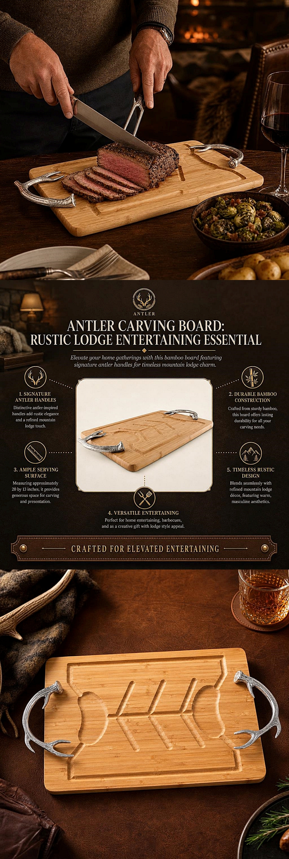 Arthur Court Lodge-Style Naturally-Shed Antlers Design Wood Carving Board