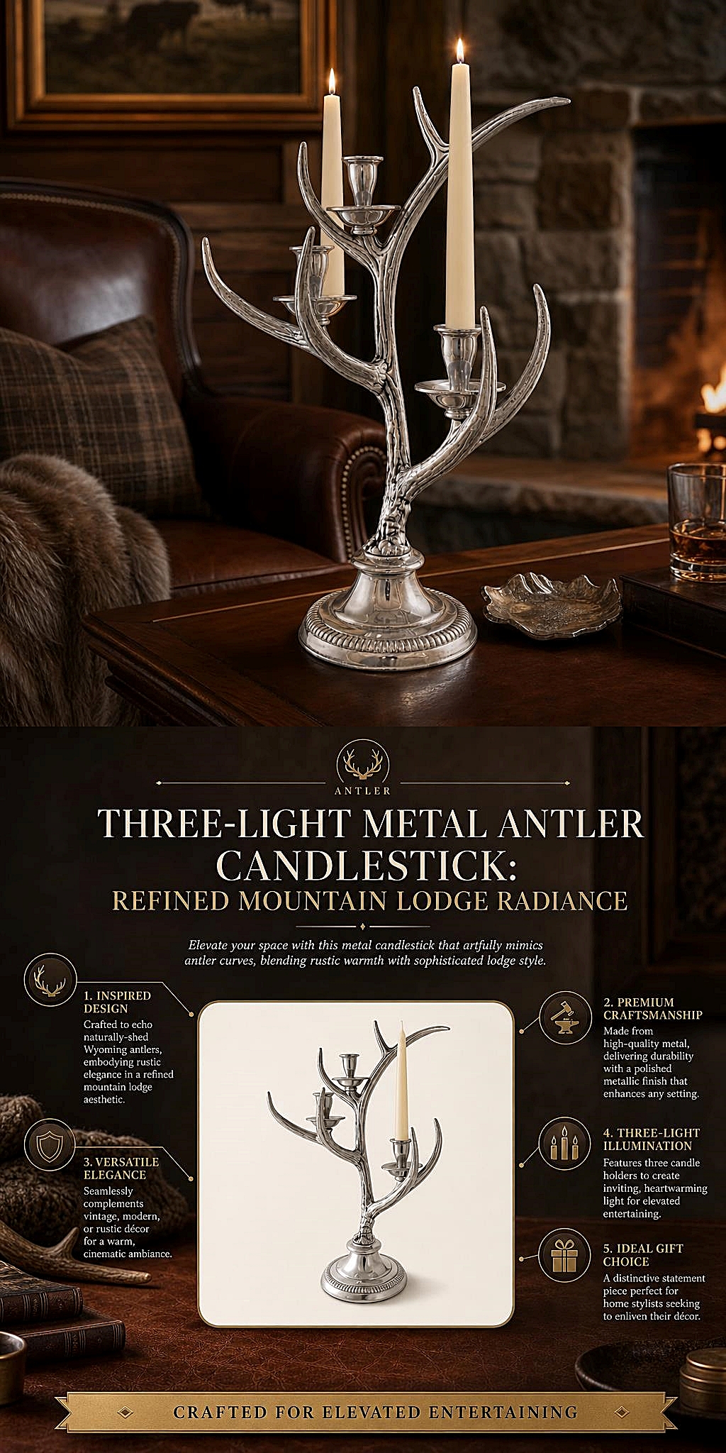 Arthur Court Lodge-Style Naturally-Shed Antler Design Metal 3-Light Candlestick